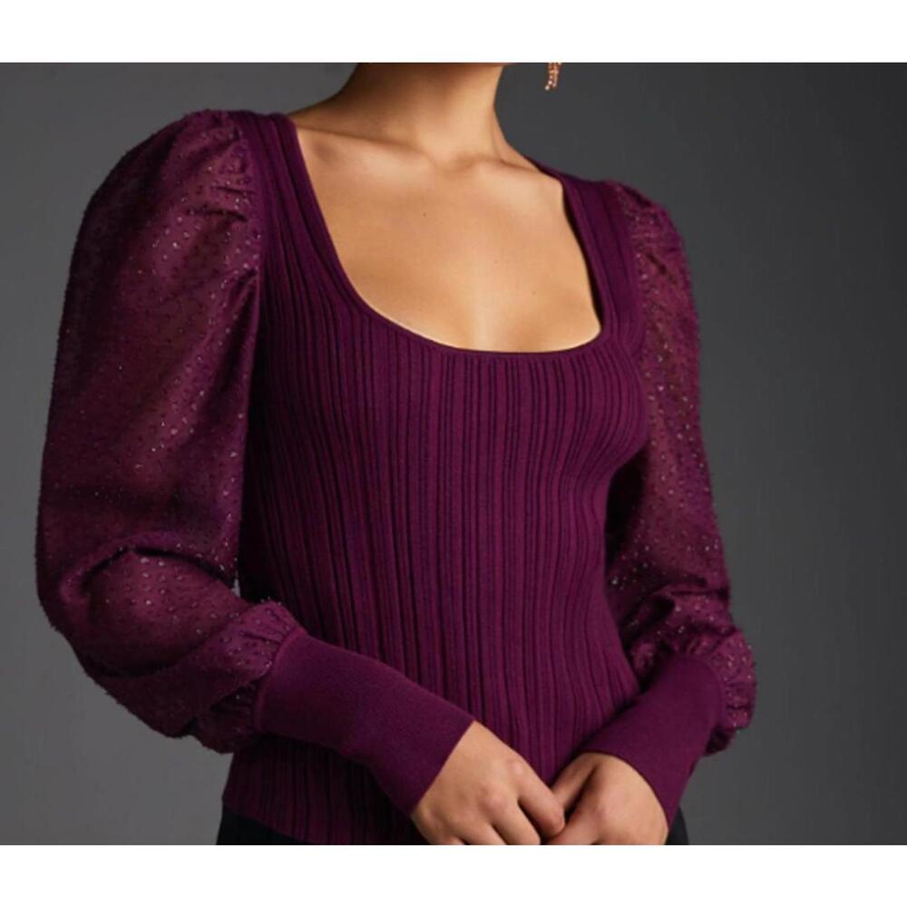 Anthropologie Ribbed Puff Sleeve Top Sheer Sleeve